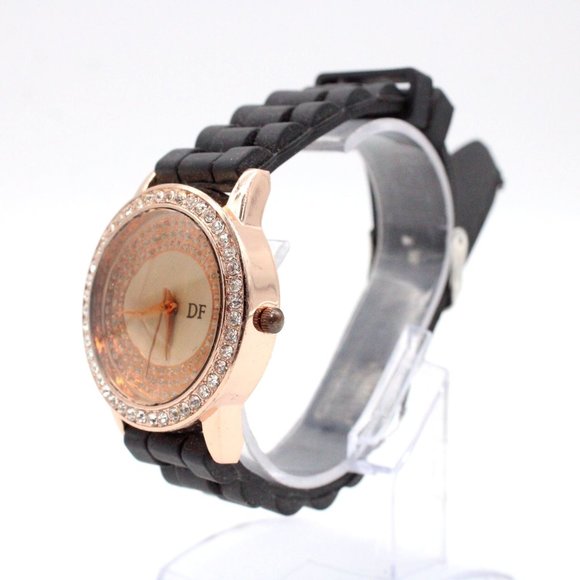 DF Watch Gold Tone Stainless Steel Classic Rhinestones Dial Black Rubber Band - Picture 3 of 6